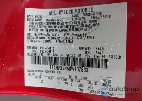 2008 Ford Focus Se/Ses из США, поврежденный, VIN 1FAHP35N68W107833